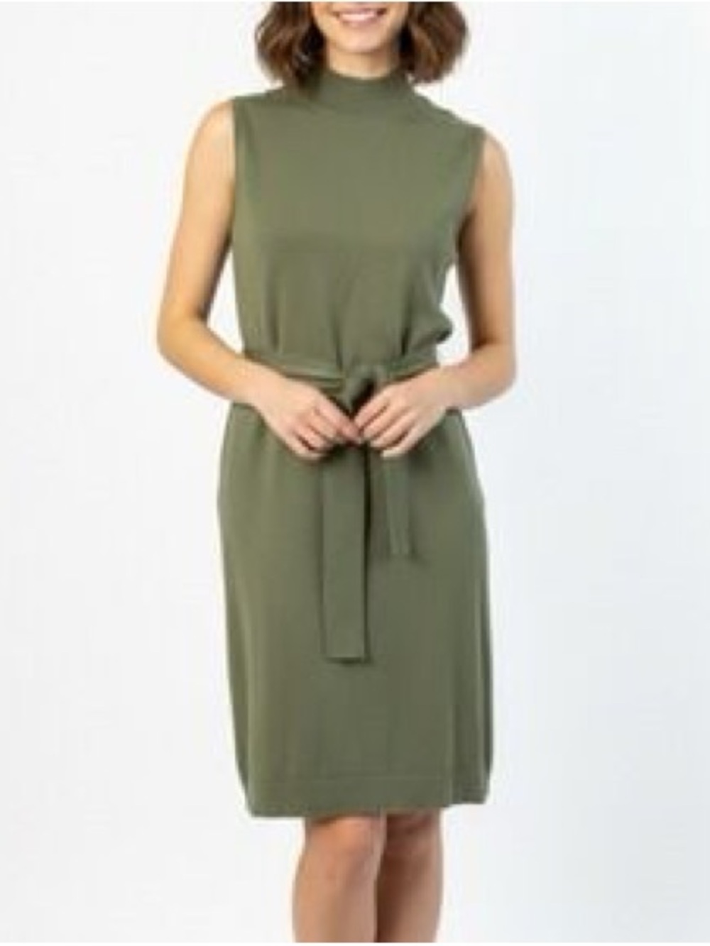 Magaschoni Olive Green Mock Neck Knit Belted Dress